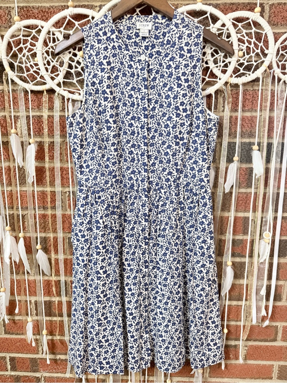 J. Crew Blue and White Sleeveless Floral Cotton Dress